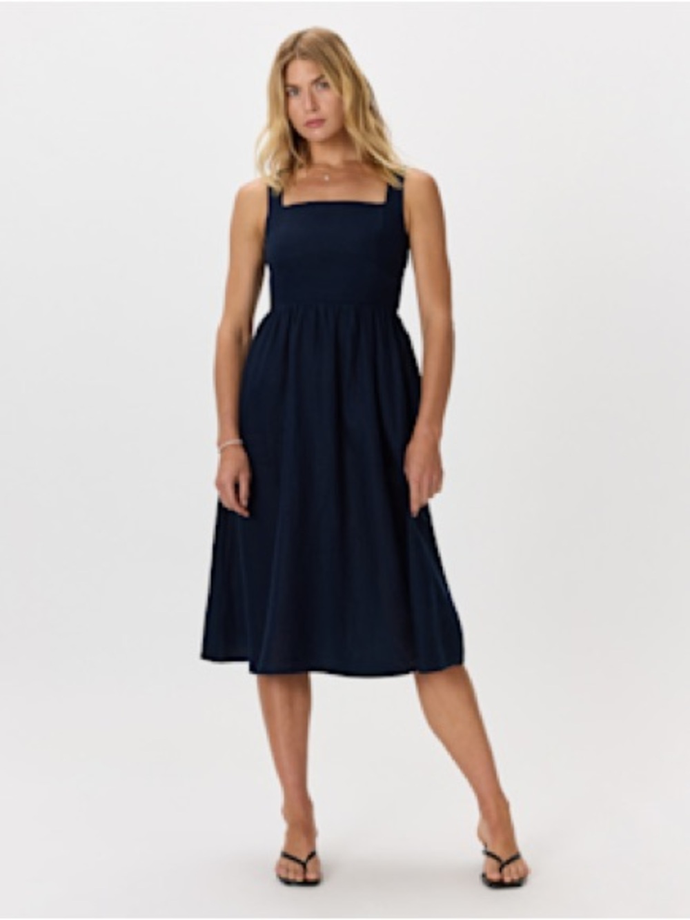 Quince 100% European Linen Fit & Flare Midi Dress Navy
